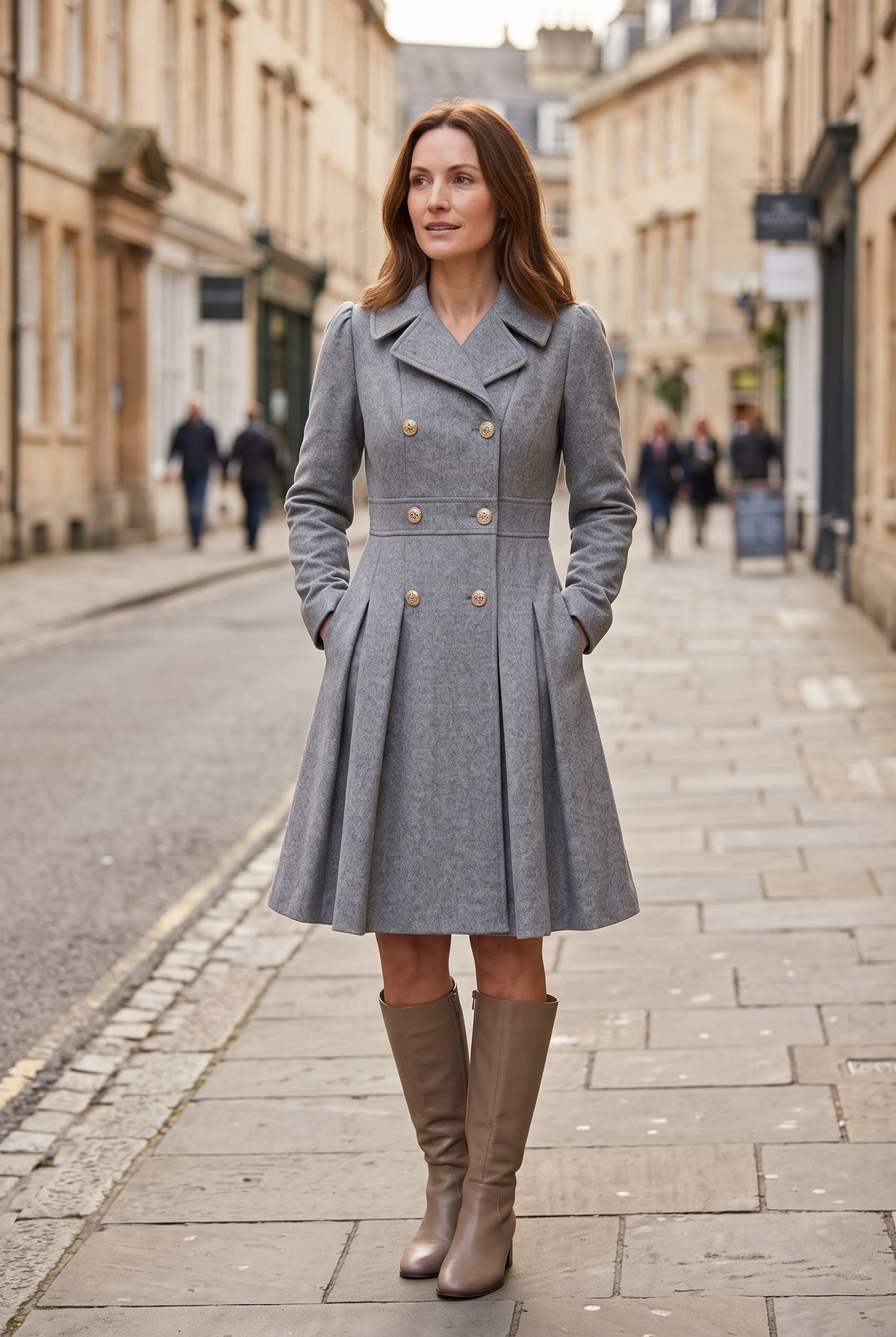 Women's Coat | Double-Breasted Pleated Flare - Grey lifestyle