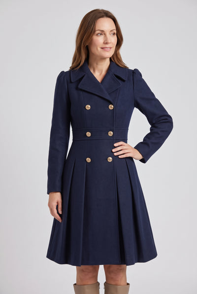 Women's Coat | Double-Breasted Pleated Flare - Navy