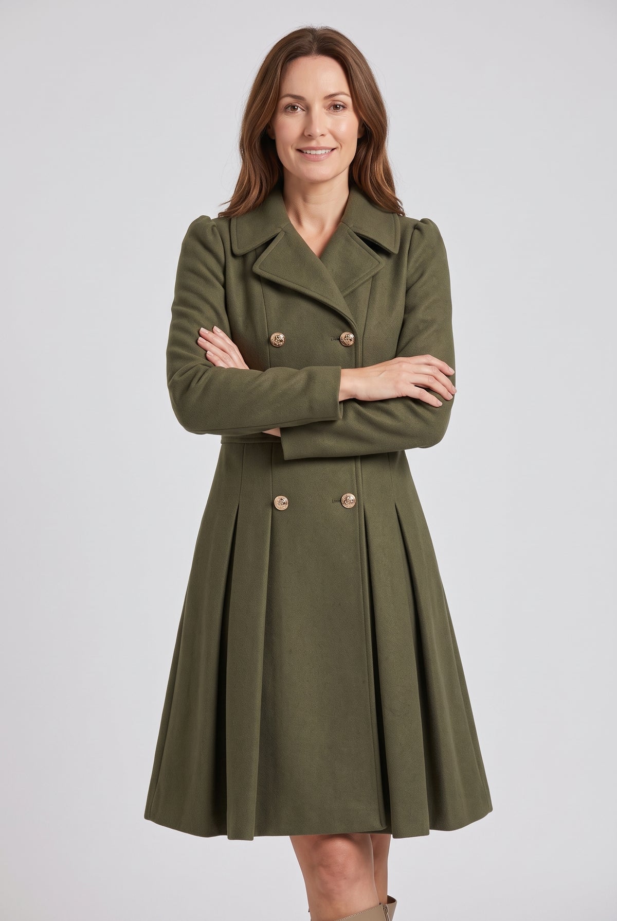 Women's Coat | Double-Breasted Pleated Flare - Olive