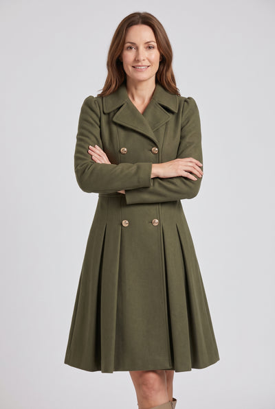 Women's Coat | Double-Breasted Pleated Flare - Olive