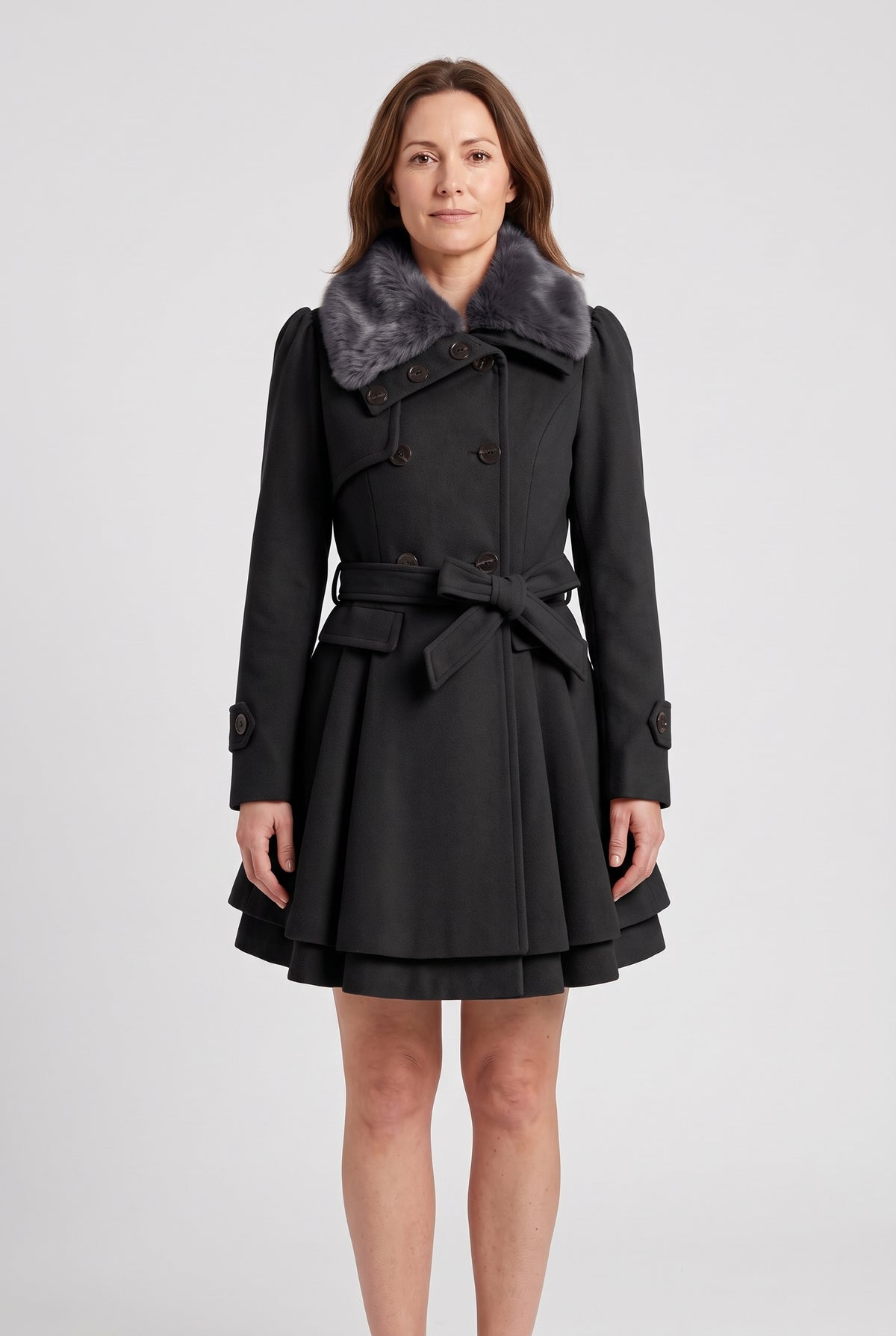 Women's Coat | Faux Fur Collar Fit and Flare with Tie Belt - Black