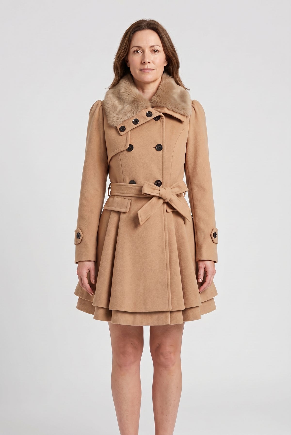 Women's Coat | Faux Fur Collar Fit and Flare with Tie Belt - Camel
