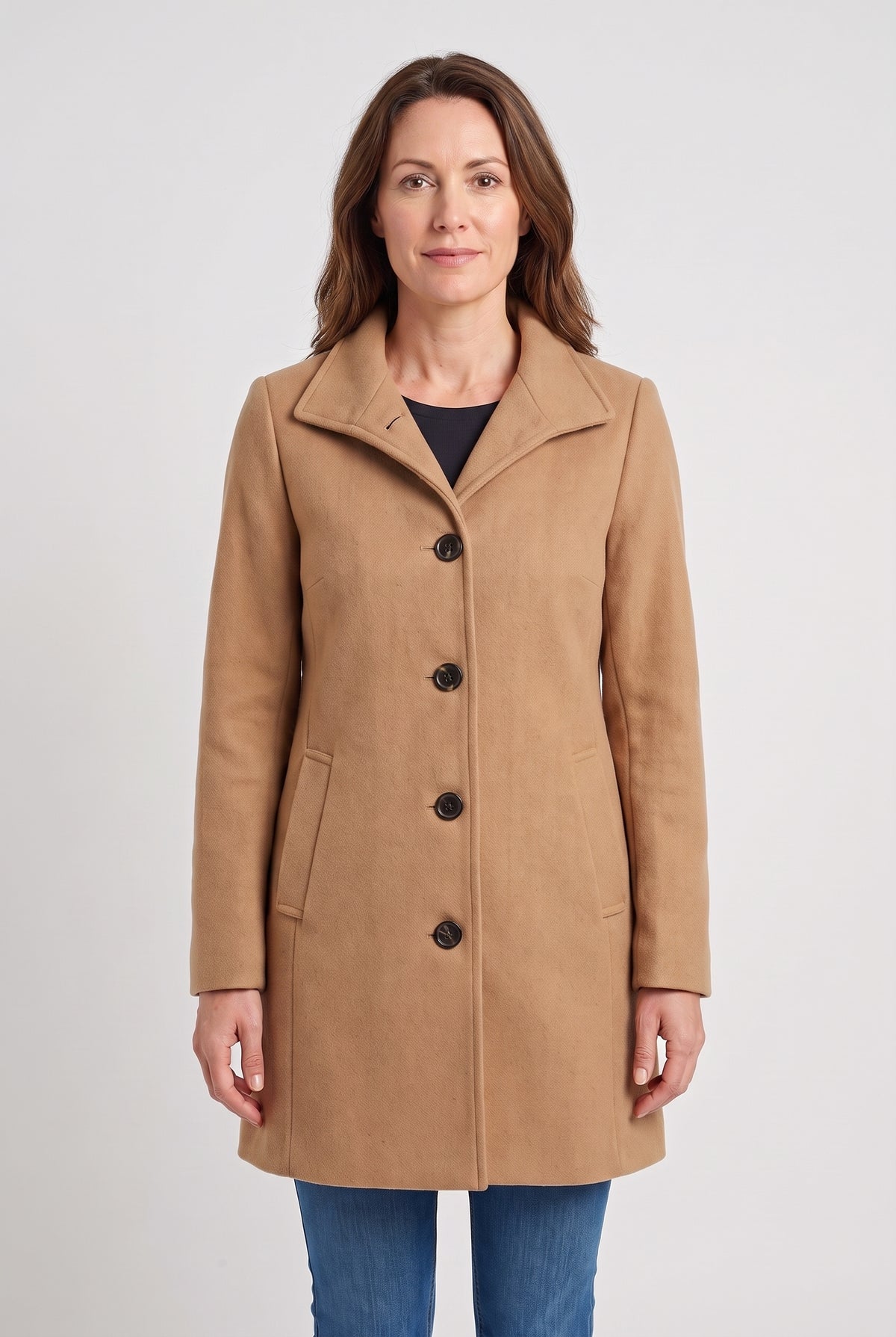 Women's Coat | Funnel Neck Single-Breasted Button-Front - Camel