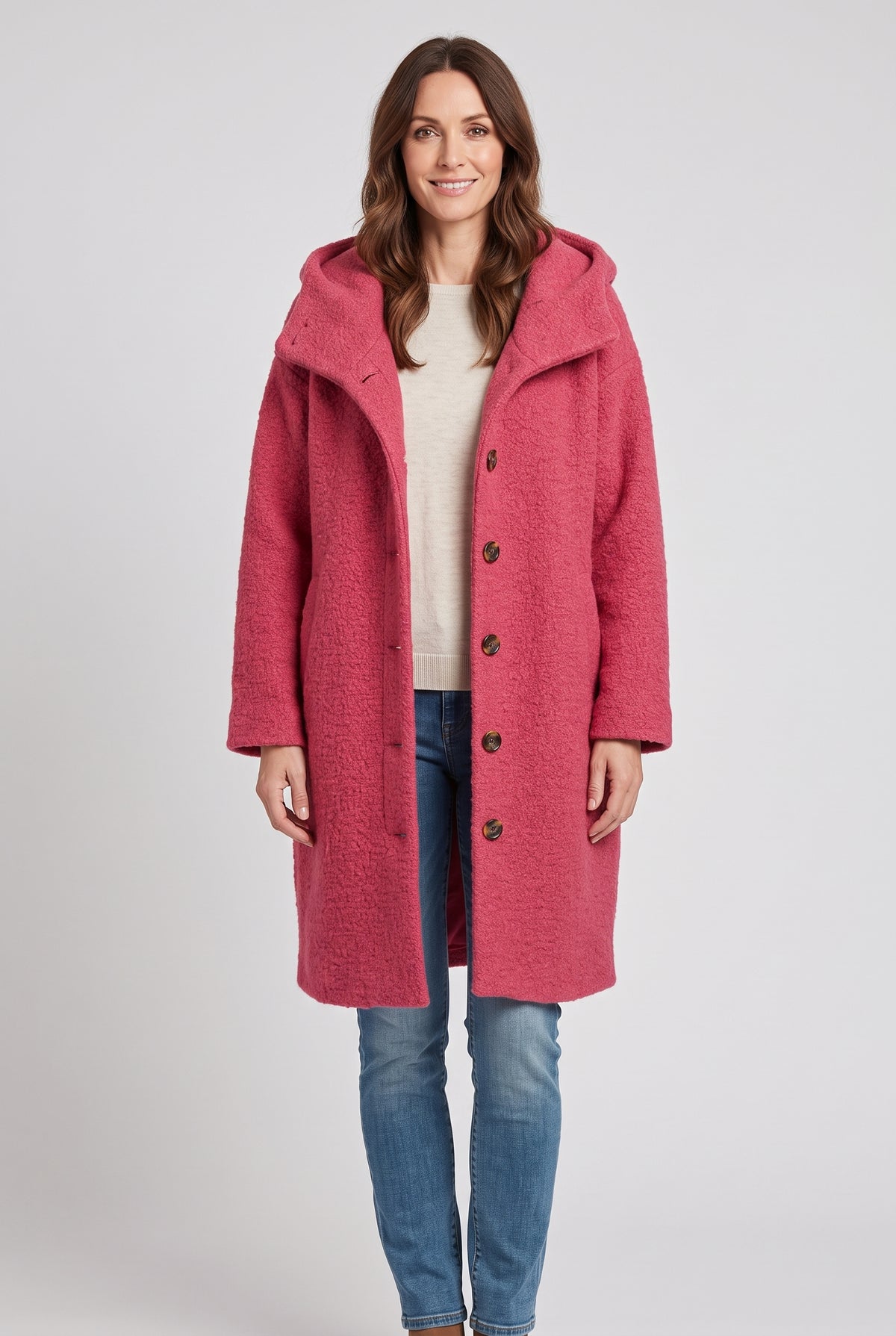 Women's Coat | Hooded Longline Button-Front - Pink