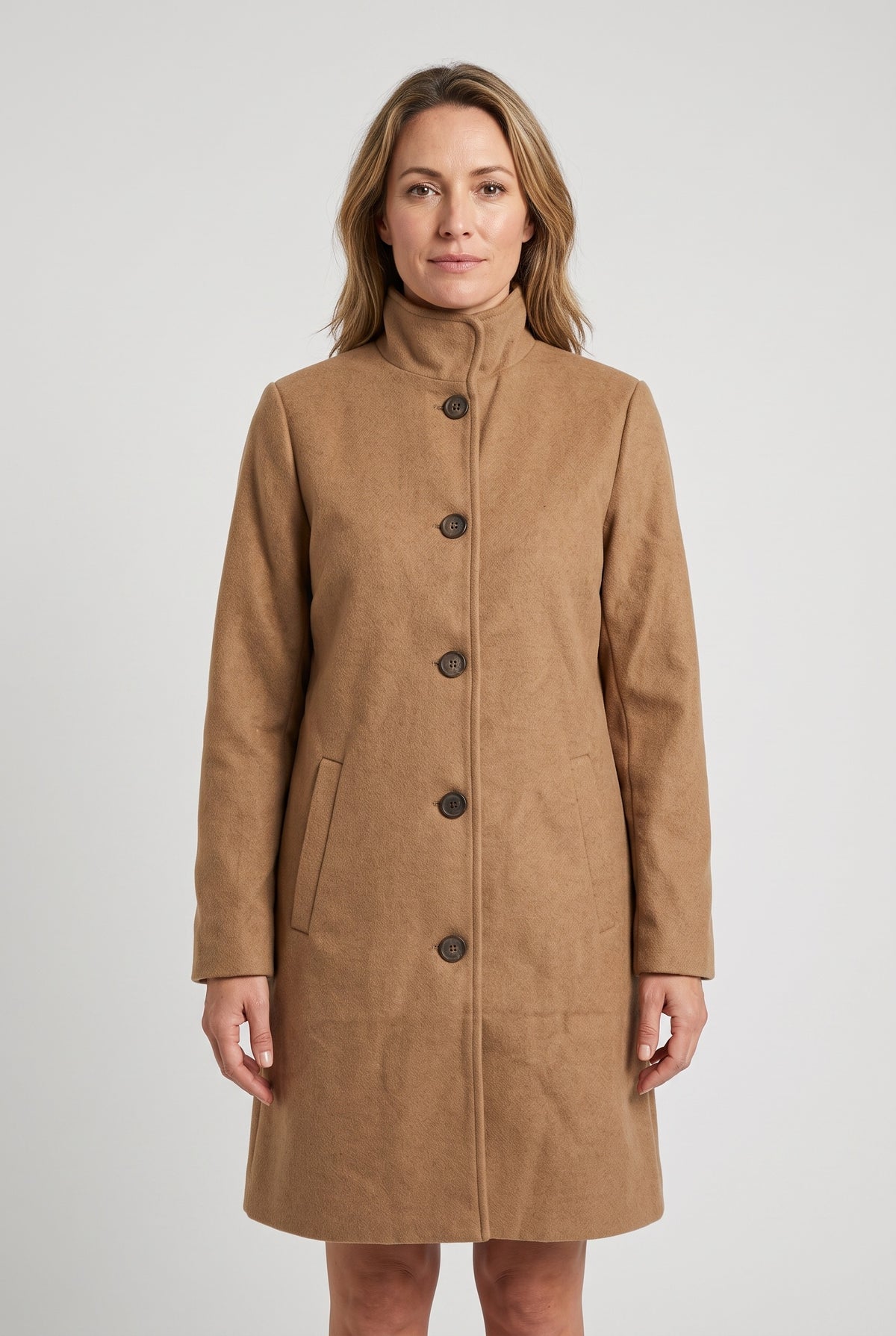 Women's Coat | Stand Collar Button-Front A-Line - Camel