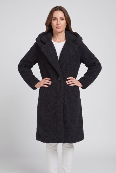 Women's Coat | Teddy Longline with Hood - Black