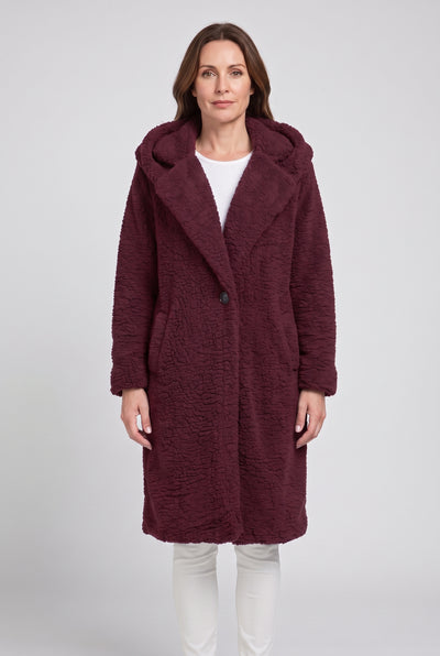 Women's Coat | Teddy Longline with Hood - Burgundy