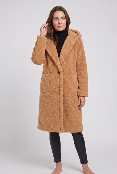 Women's Coat | Teddy Longline with Hood - Golden Camel