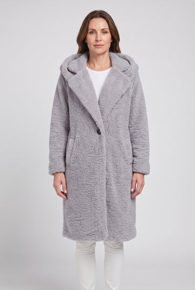 Women's Coat | Teddy Longline with Hood - Grey