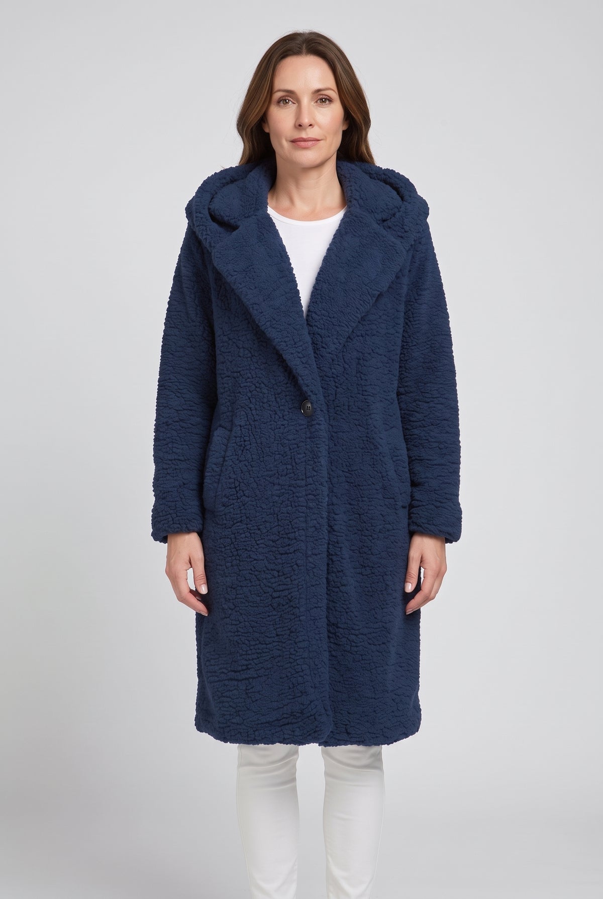 Women's Coat | Teddy Longline with Hood - Navy