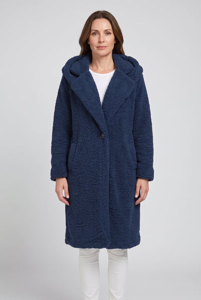 Women's Coat | Teddy Longline with Hood - Navy