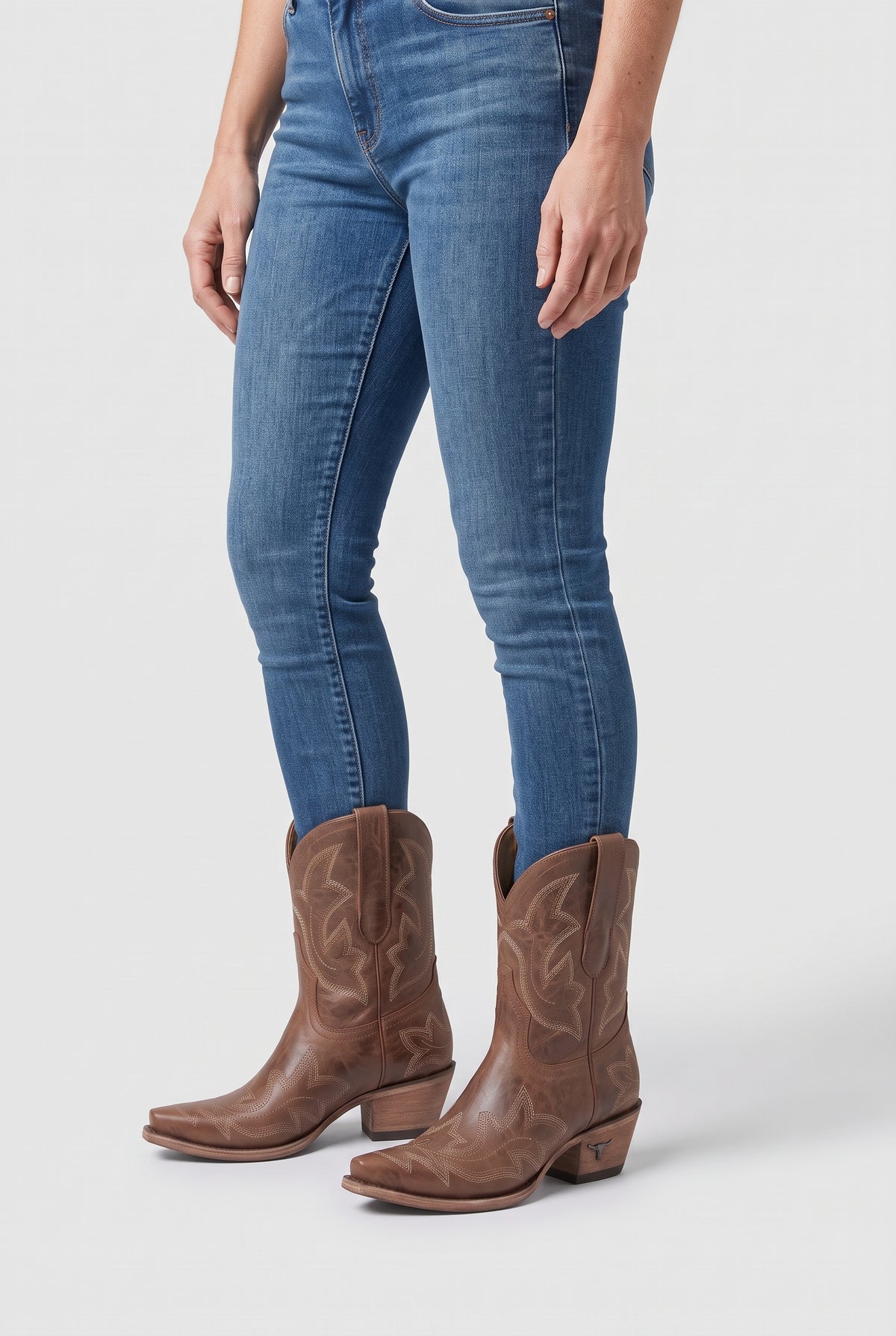 Women's Cowboy Boots | Embroidered Pointed Toe - Brown worn