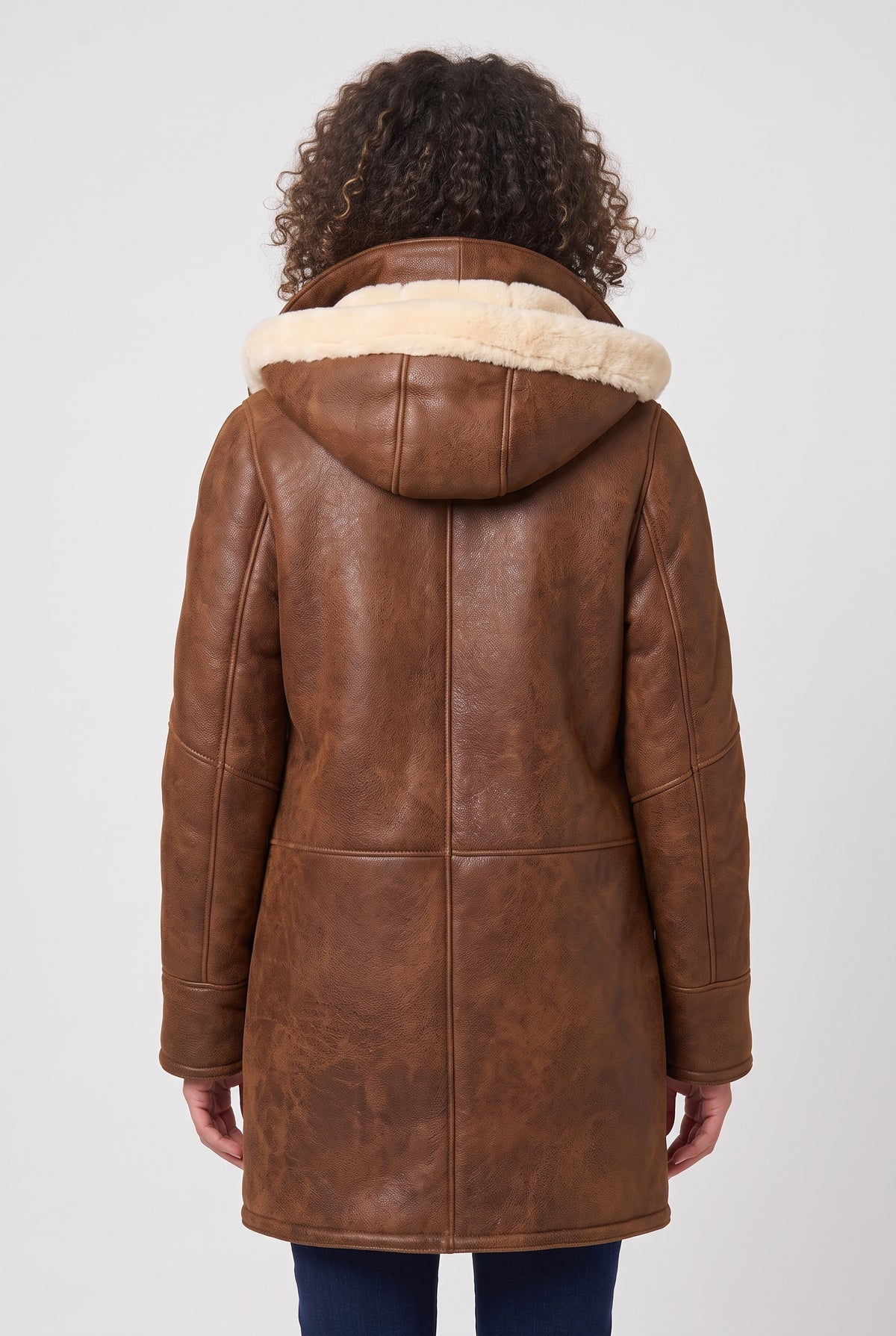 Women's Duffle Coat | Shearling-Look Hooded with Toggles - Brown back