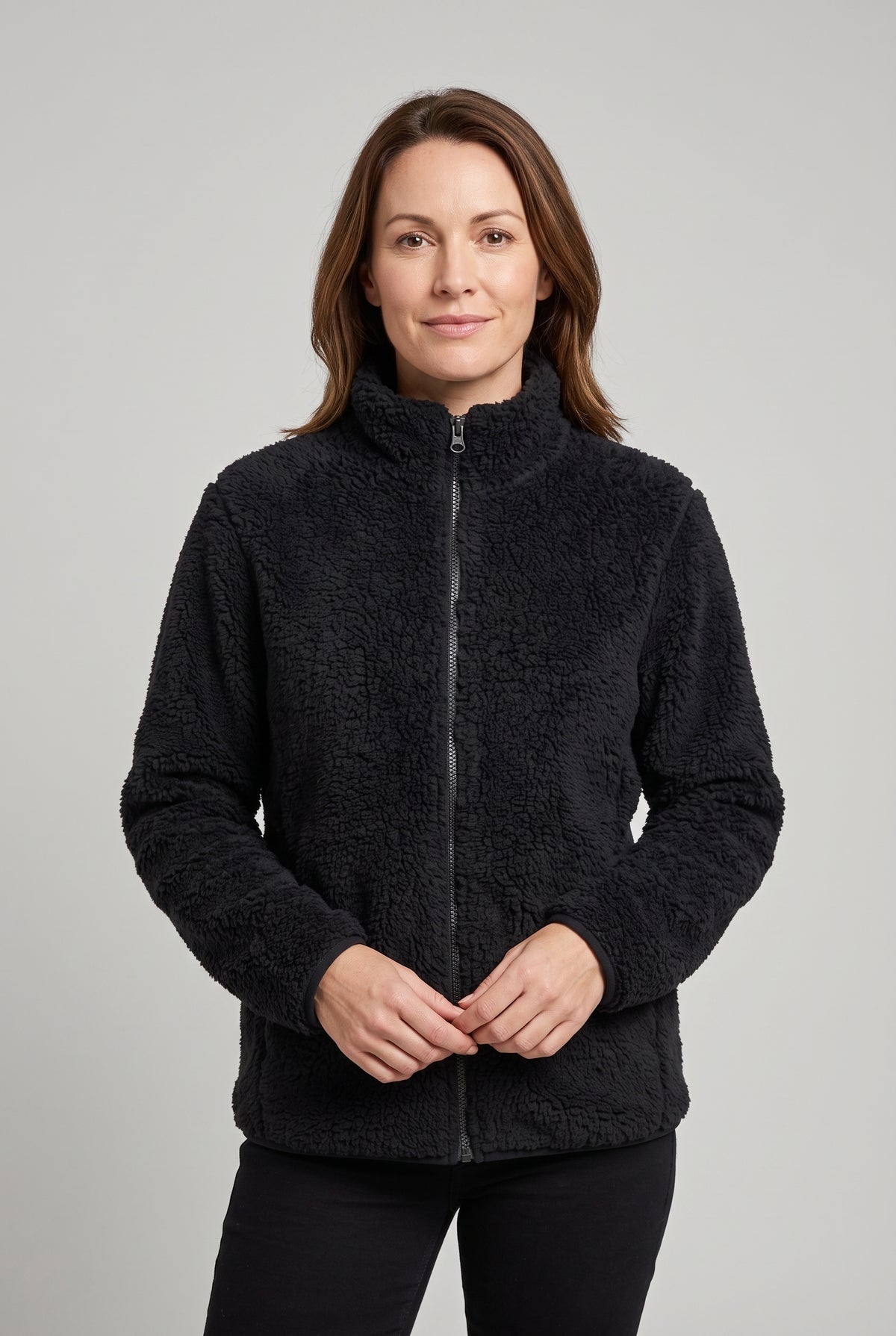 Women's Fleece Jacket | Teddy Zip-Up with Stand Collar - Black