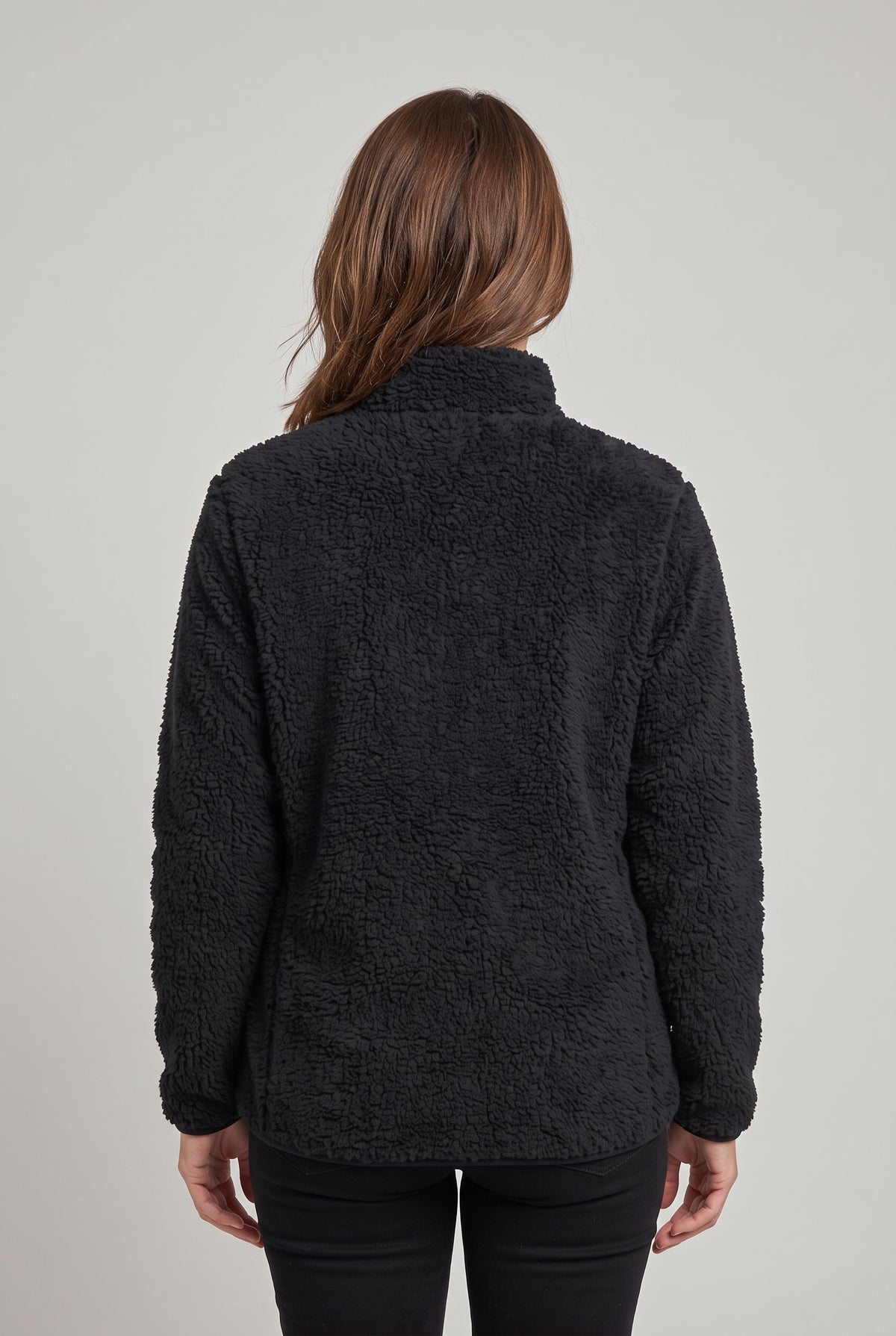 Women's Fleece Jacket | Teddy Zip-Up with Stand Collar - Black back