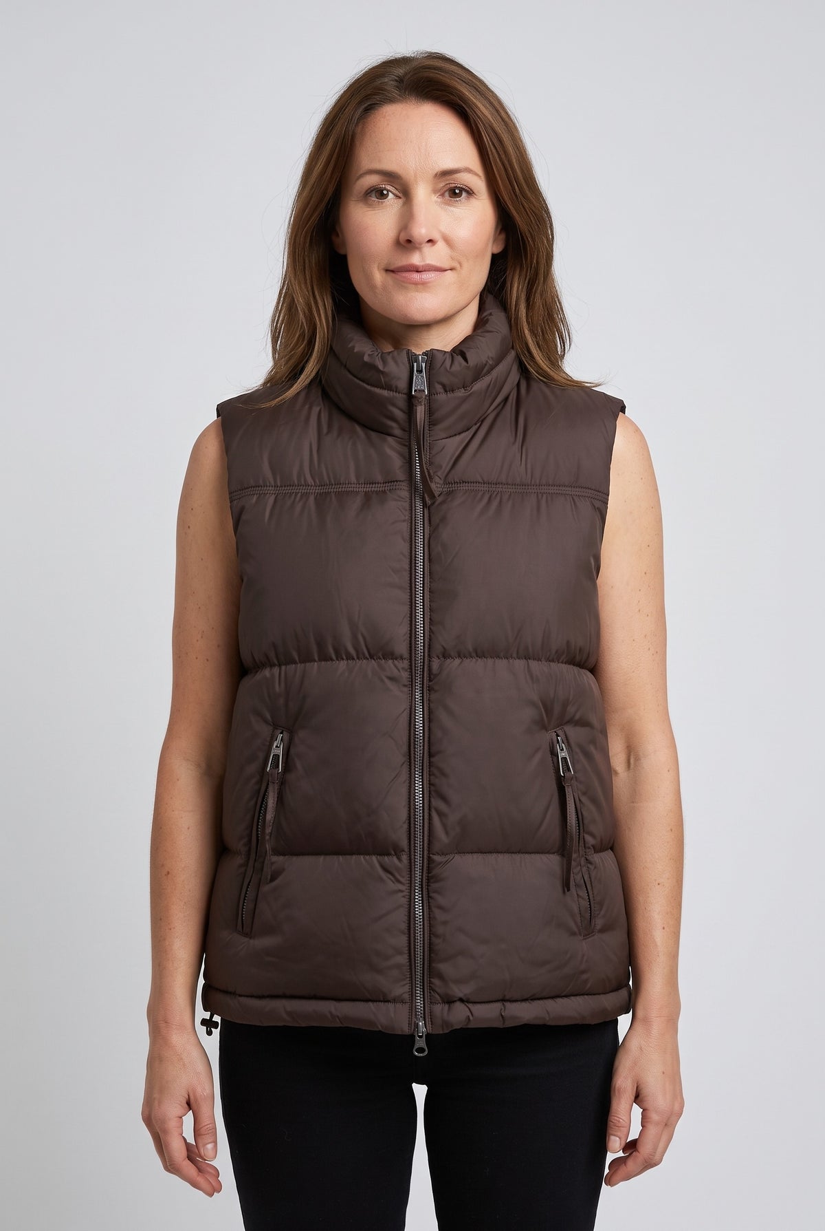 Women's Gilet | Puffer Funnel Neck with Two-Way Zip - Dark Brown