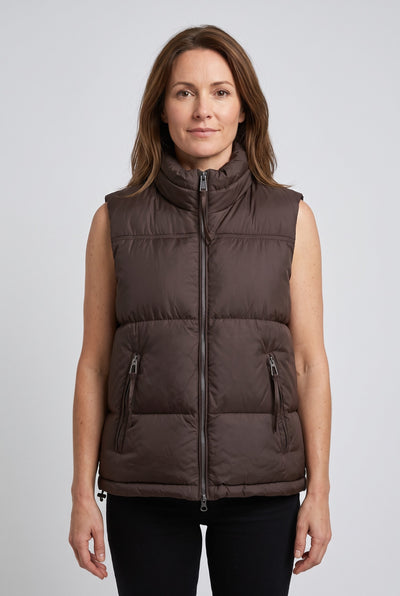 Women's Gilet | Puffer Funnel Neck with Two-Way Zip - Dark Brown