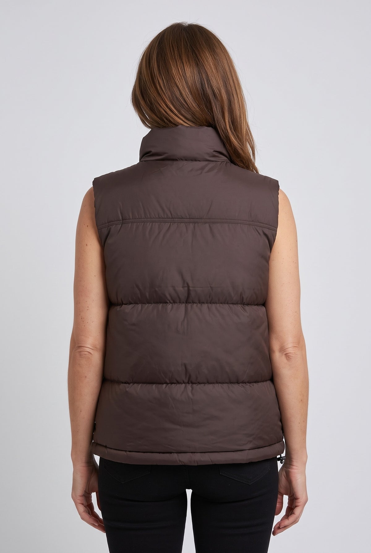 Women's Gilet | Puffer Funnel Neck with Two-Way Zip - Dark Brown back