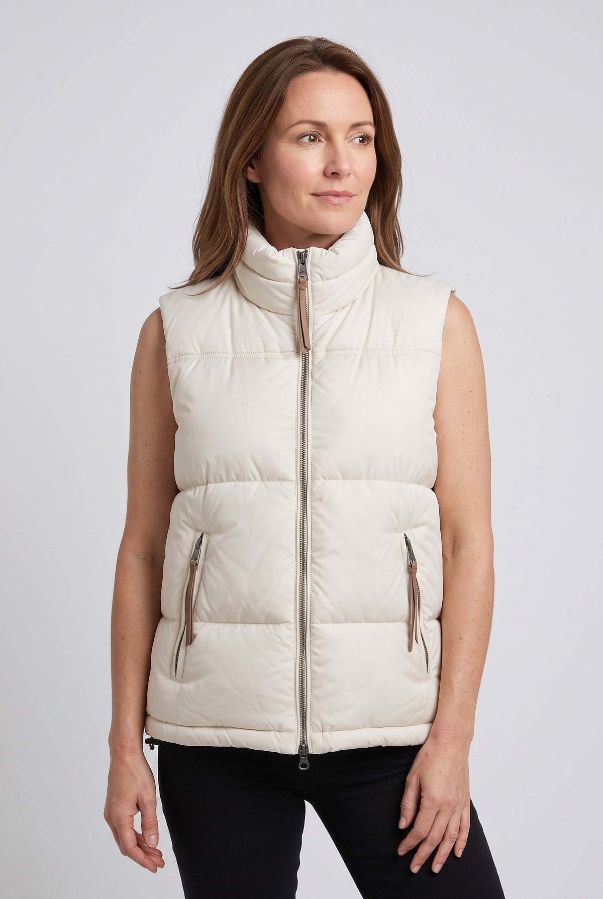 Women's Gilet | Puffer Funnel Neck with Two-Way Zip - Off-White