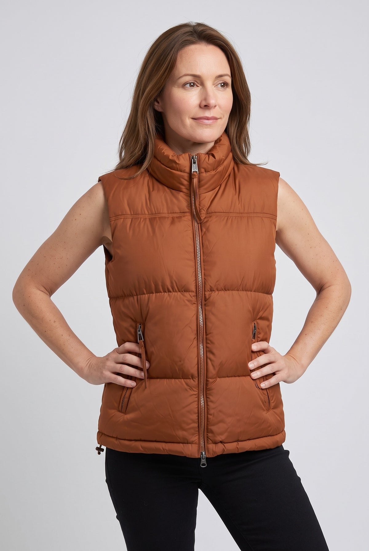 Women's Gilet | Puffer Funnel Neck with Two-Way Zip - Tan