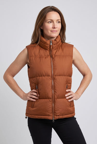 Women's Gilet | Puffer Funnel Neck with Two-Way Zip - Tan