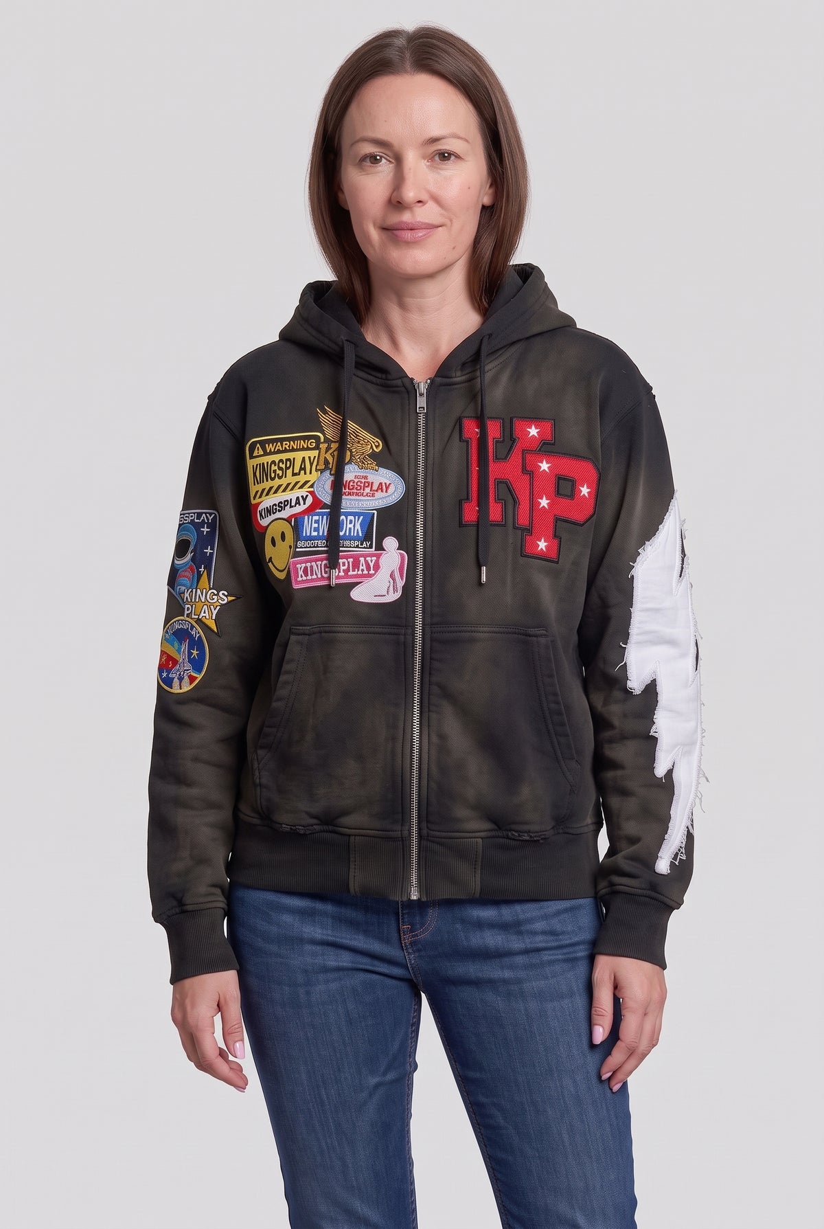 Women's Hoodie | Zip-Up with Patch Detail - Black