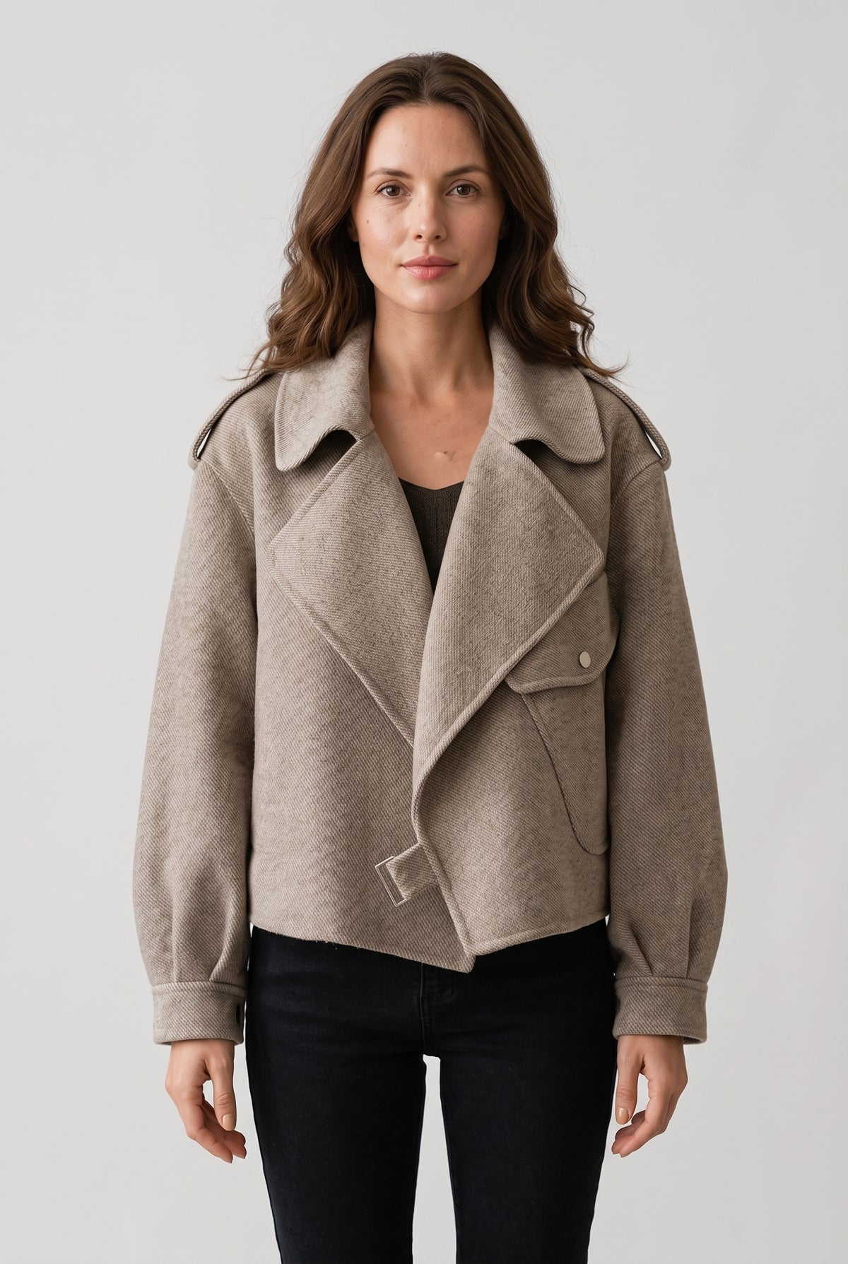 Women's Jacket | Cropped Oversized with Wide Lapels - Taupe