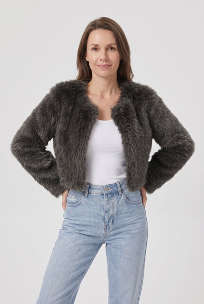 Women's Jacket | Faux Fur Cropped Collarless Open-Front - Charcoal