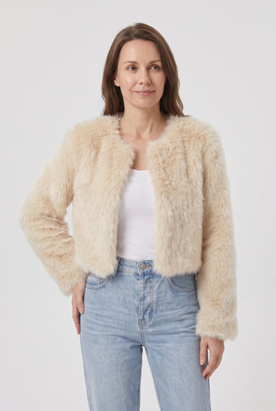 Women's Jacket | Faux Fur Cropped Collarless Open-Front - Cream