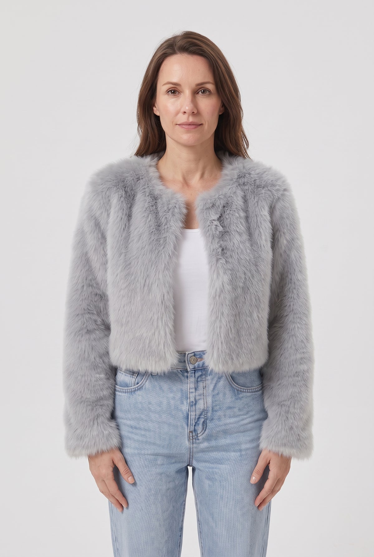 Women's Jacket | Faux Fur Cropped Collarless Open-Front - Grey
