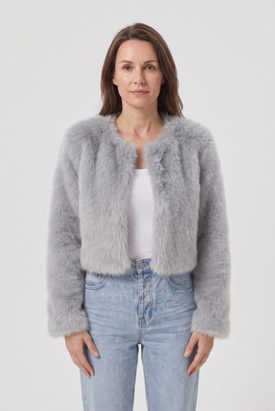Women's Jacket | Faux Fur Cropped Collarless Open-Front - Grey