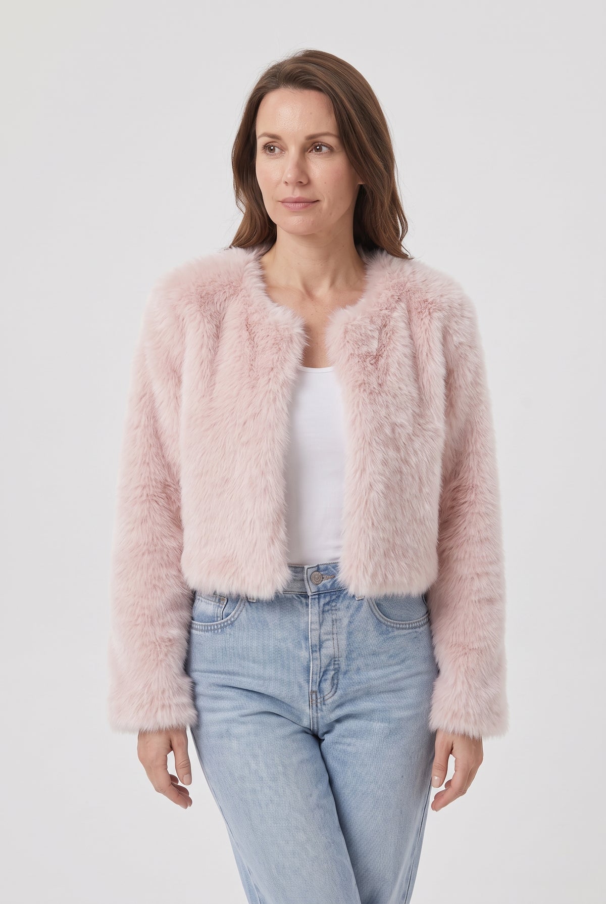 Women's Jacket | Faux Fur Cropped Collarless Open-Front - Pink