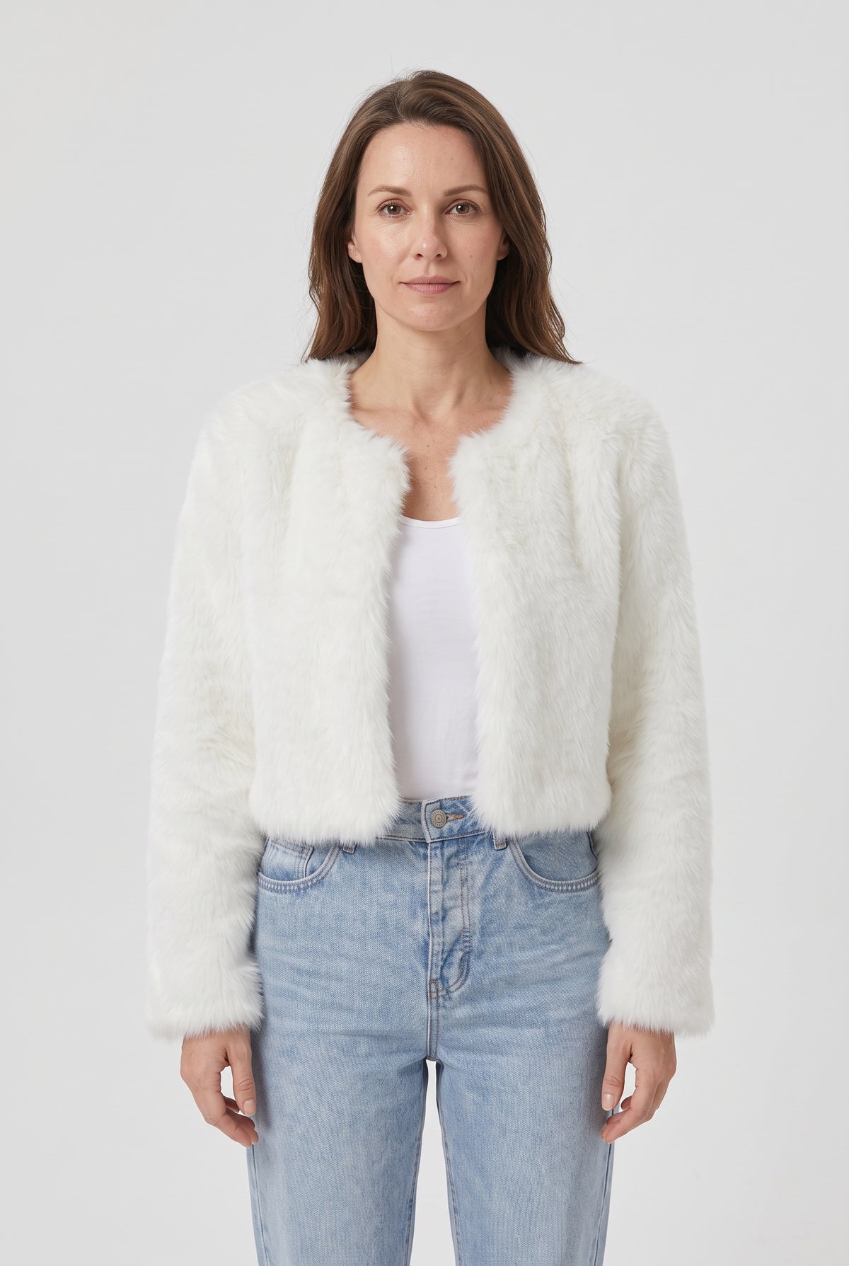 Women's Jacket | Faux Fur Cropped Collarless Open-Front - White