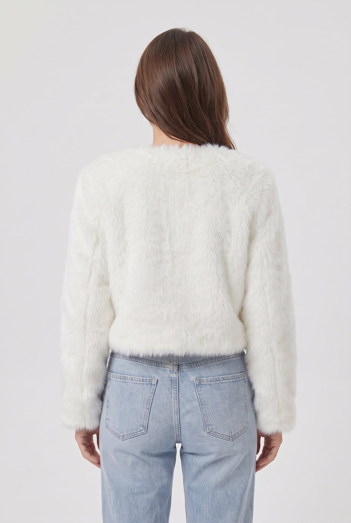 Women's Jacket | Faux Fur Cropped Collarless Open-Front - White back