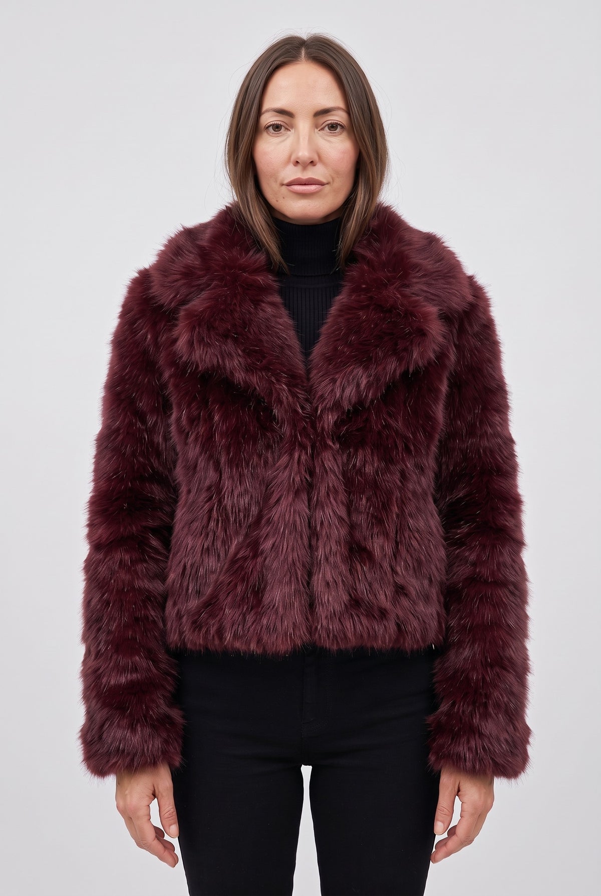 Women's Jacket | Faux Fur Cropped with Lapel Collar - Burgundy