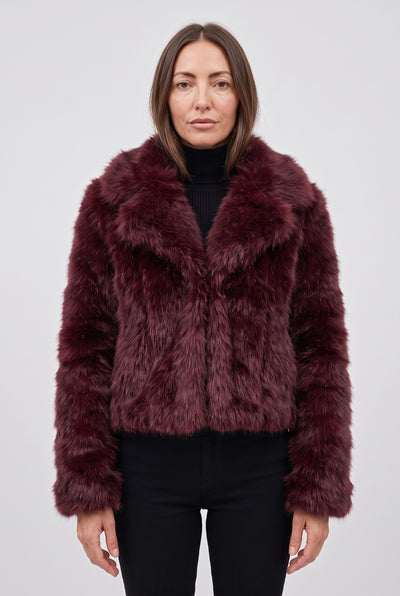 Women's Jacket | Faux Fur Cropped with Lapel Collar - Burgundy