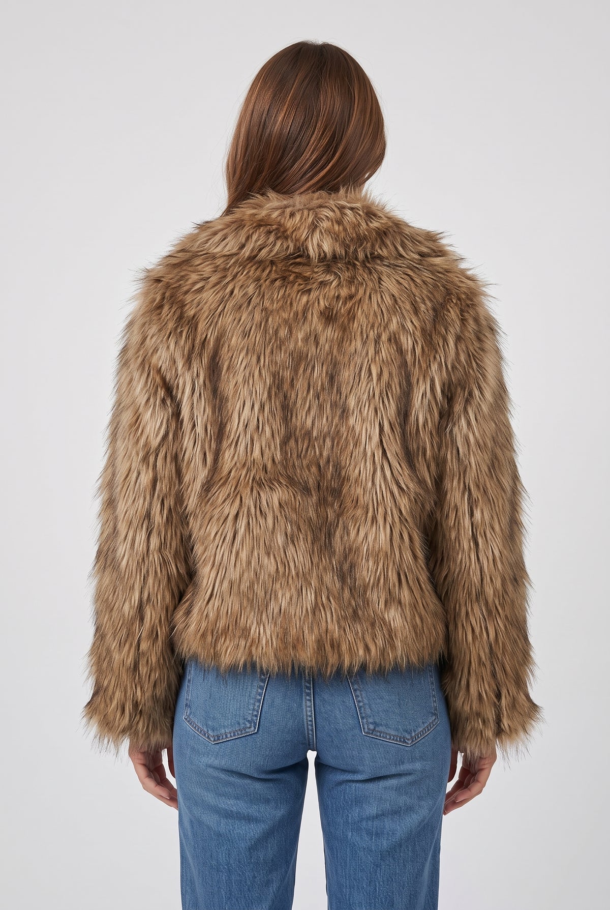 Women's Jacket | Faux Fur Shaggy Cropped - Brown back