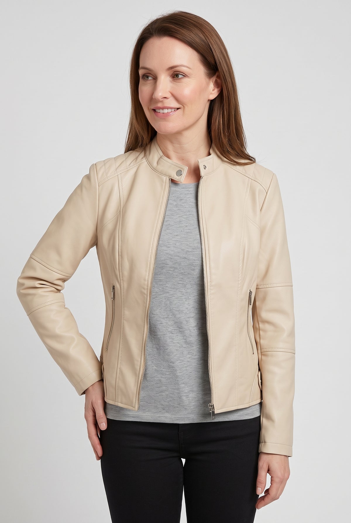 Women's Jacket | Leather-Look with Stand Collar and Seam Detail - Cream