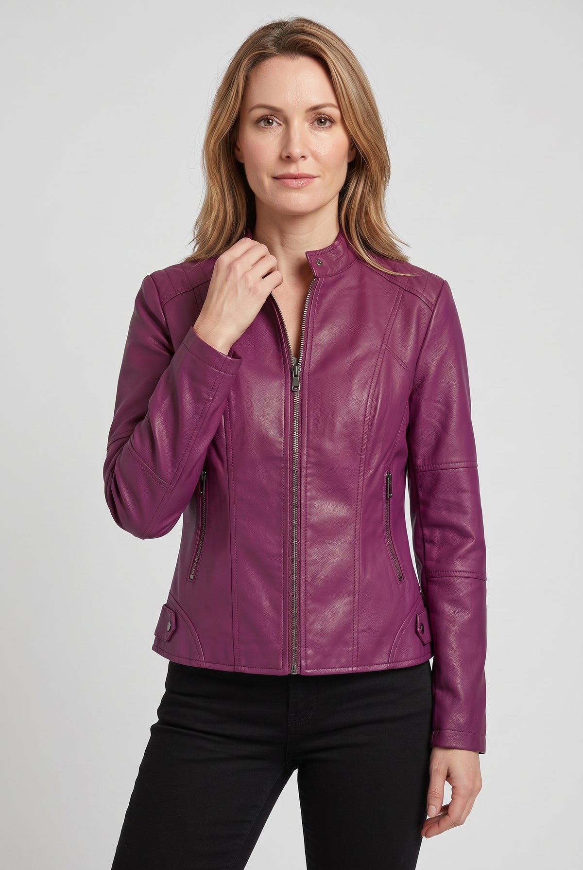 Women's Jacket | Leather-Look with Stand Collar and Seam Detail - Purple