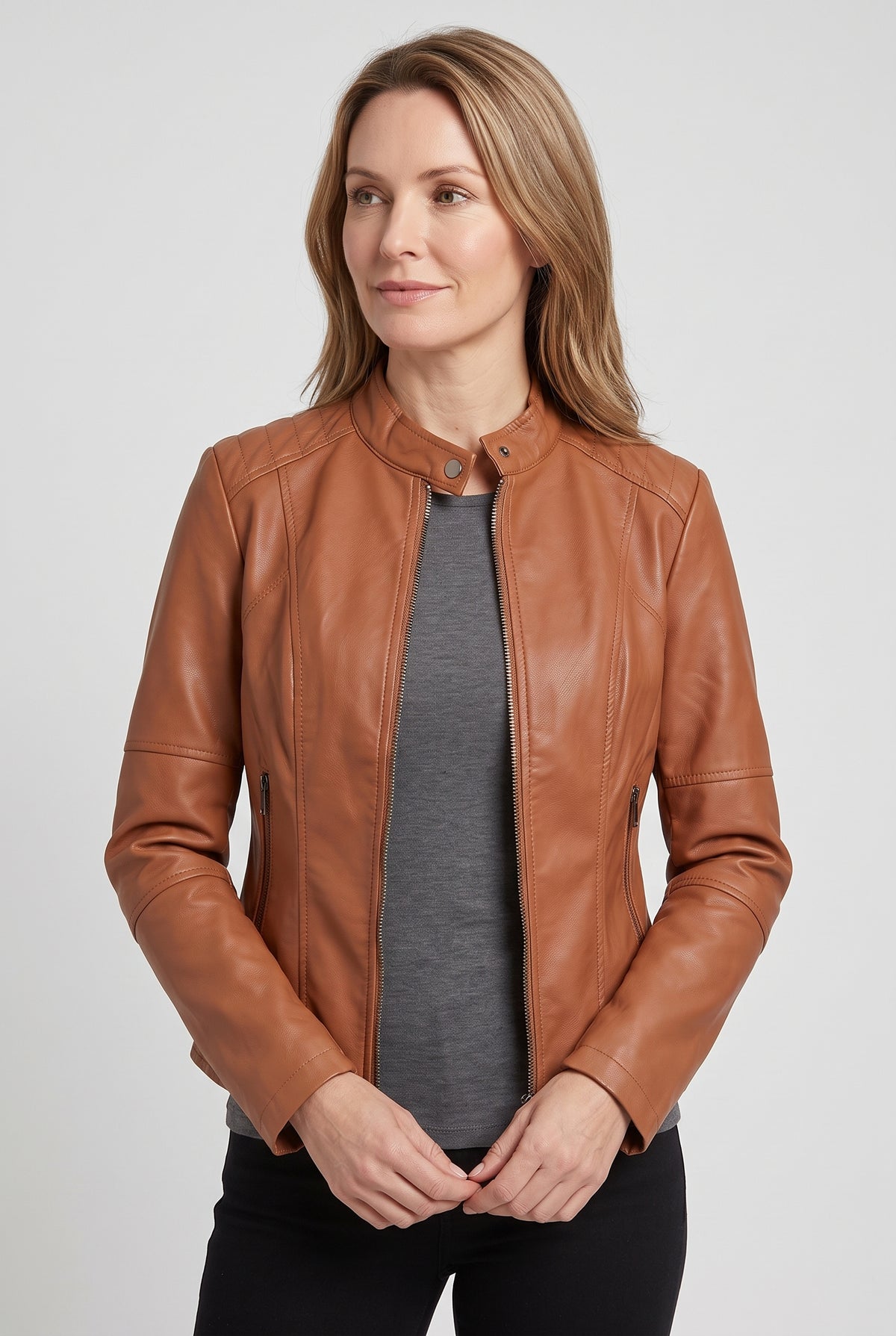 Women's Jacket | Leather-Look with Stand Collar and Seam Detail - Tan