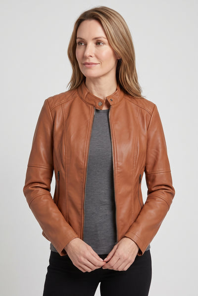 Women's Jacket | Leather-Look with Stand Collar and Seam Detail - Tan