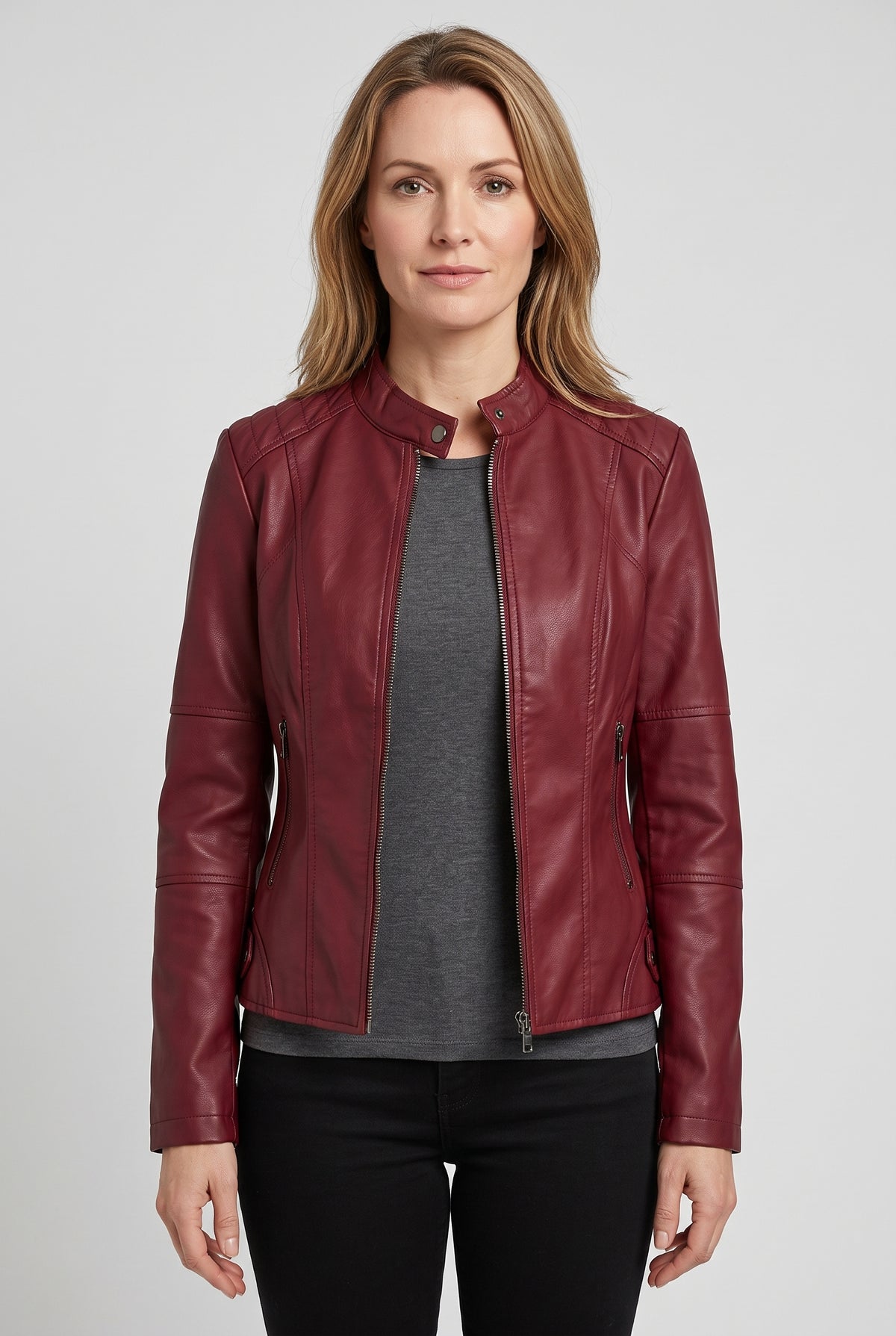 Women's Jacket | Leather-Look with Stand Collar and Seam Detail - Wine Red
