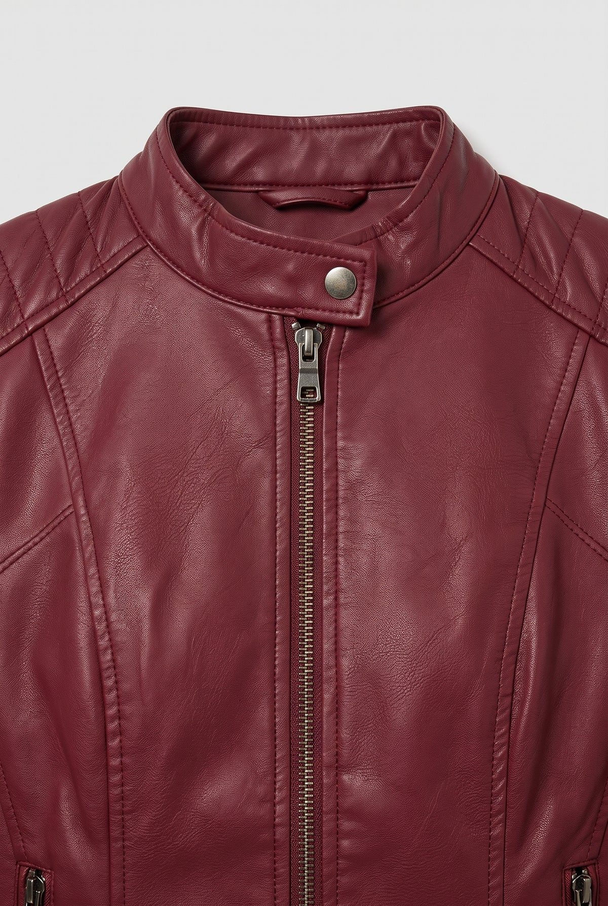 Women's Jacket | Leather-Look with Stand Collar and Seam Detail - Wine Red detail