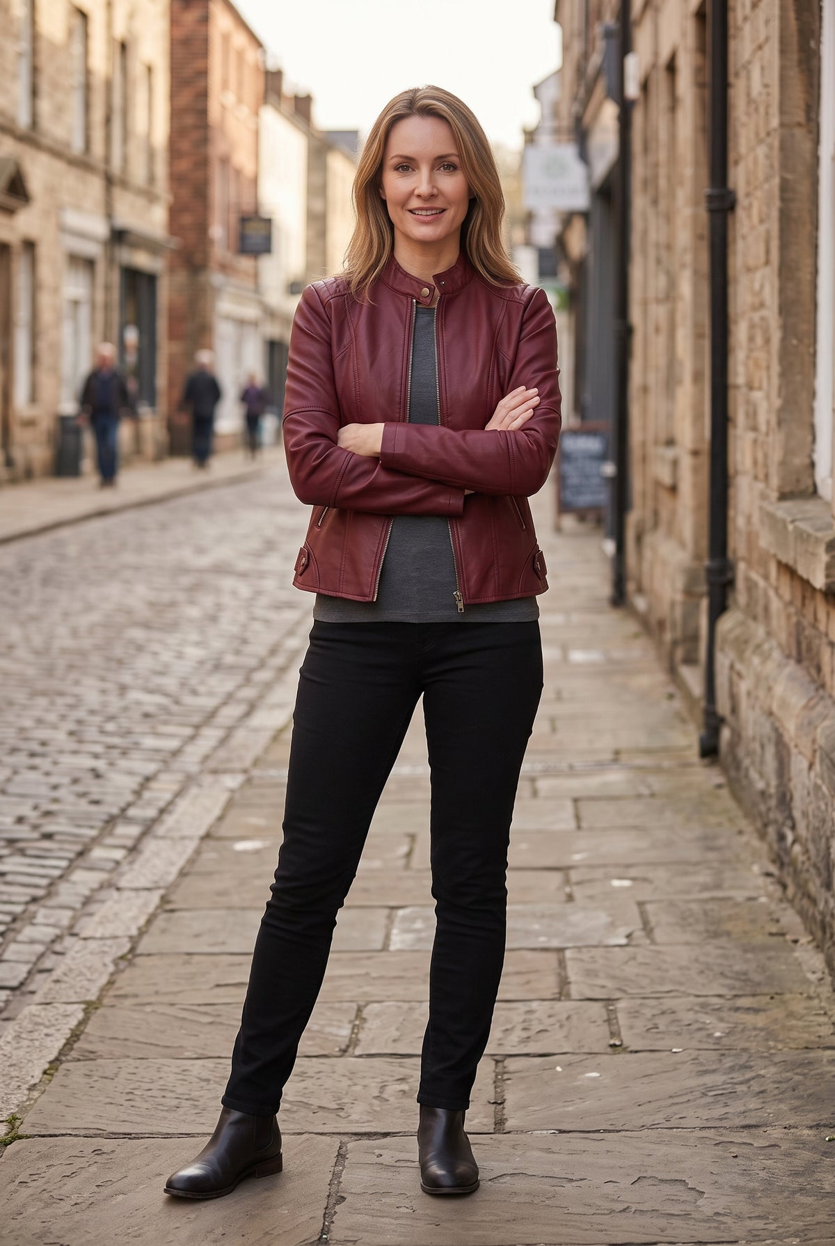 Women's Jacket | Leather-Look with Stand Collar and Seam Detail - Wine Red lifestyle