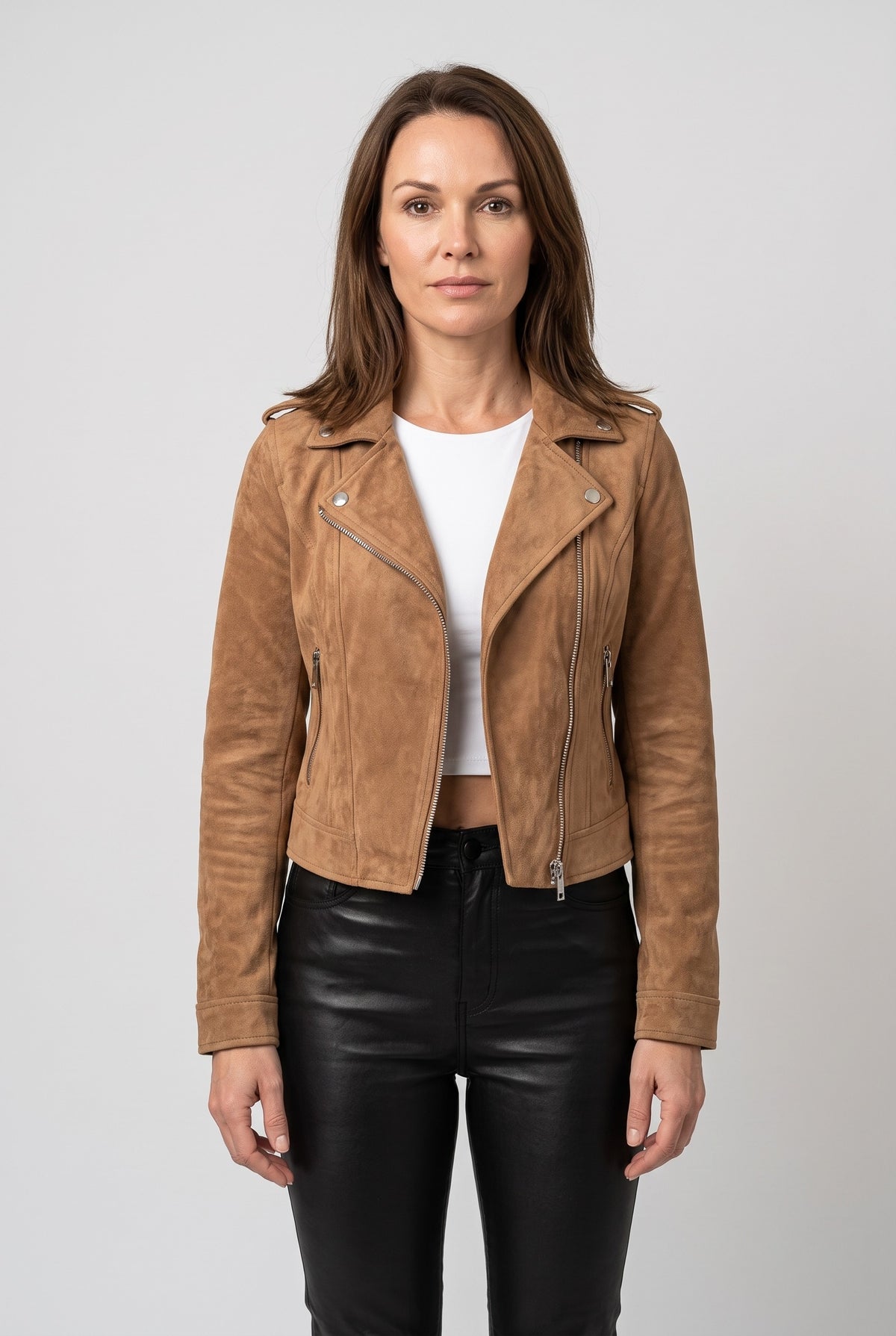 Women's Jacket | Suede-Look Biker with Lapel Collar - Camel