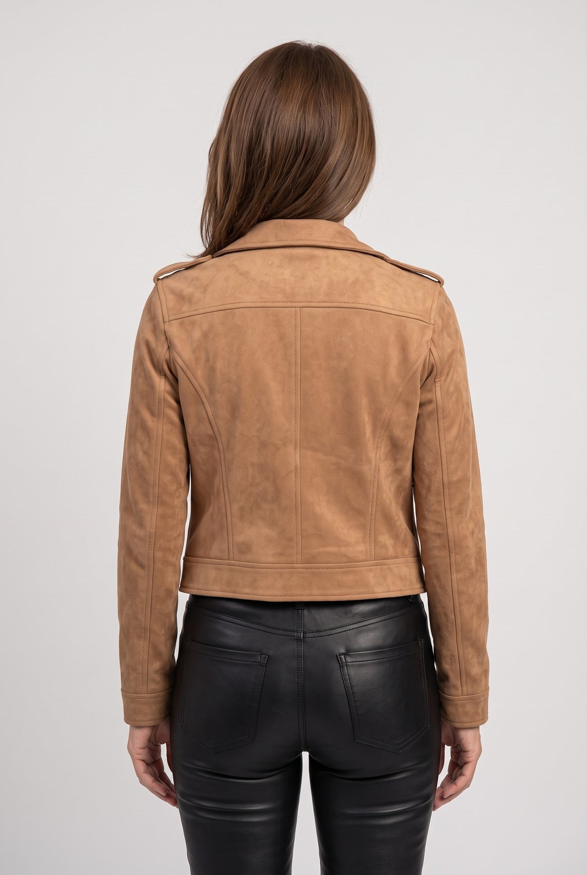 Women's Jacket | Suede-Look Biker with Lapel Collar - Camel back
