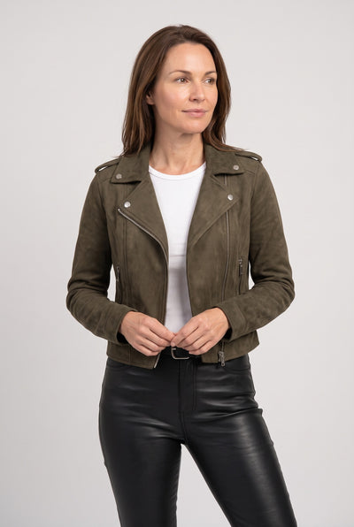 Women's Jacket | Suede-Look Biker with Lapel Collar - Olive