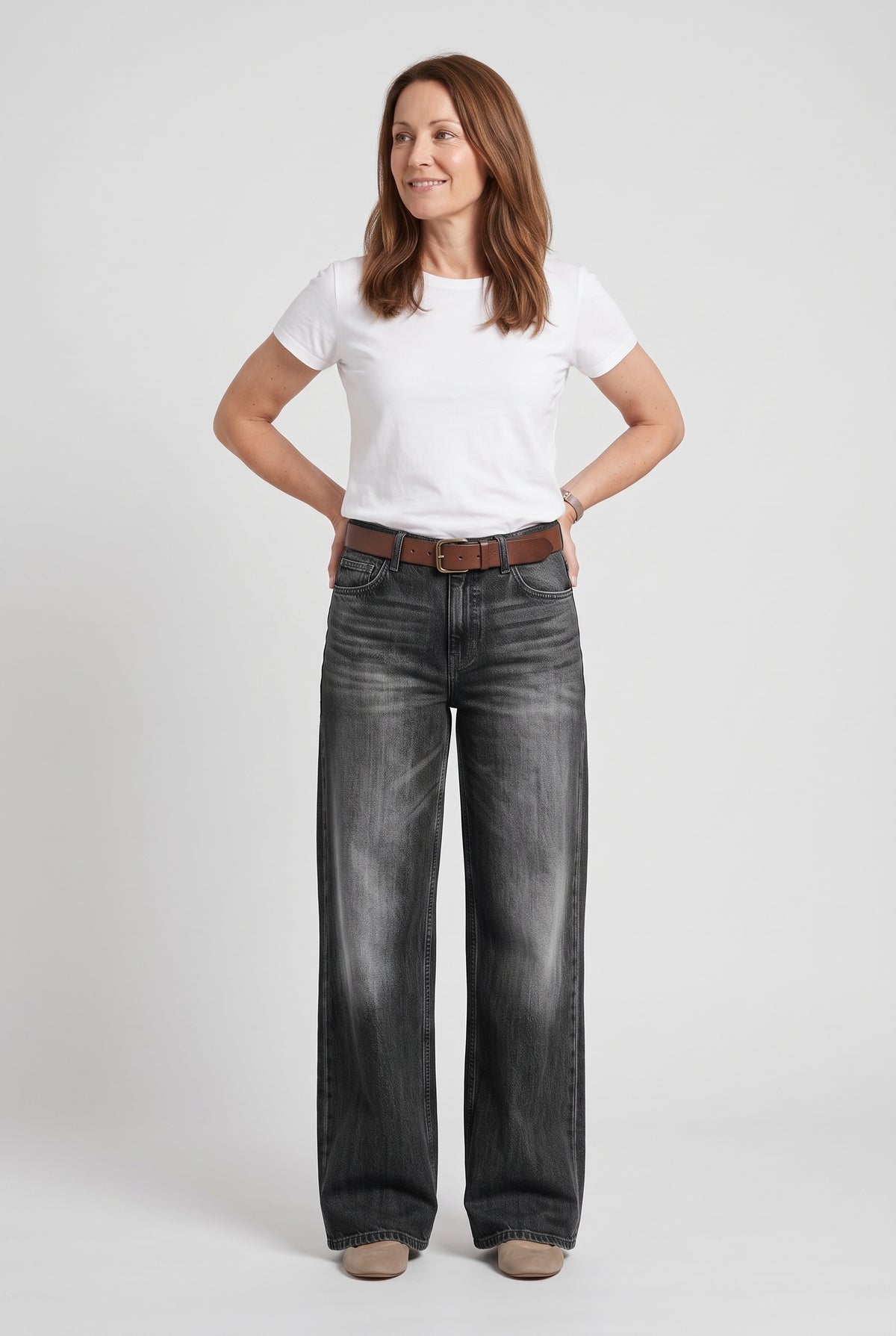 Women's Jeans | Wide Leg Faded Wash Full Length - Grey