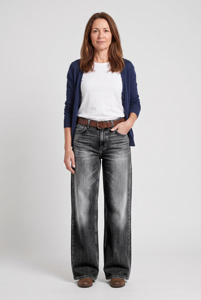 Women's Jeans | Wide Leg Faded Wash Full Length - Light Grey