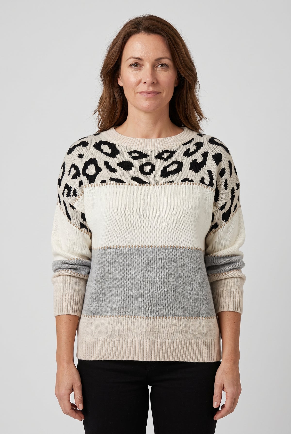 Women's Jumper | Colour Block with Leopard Print - Grey